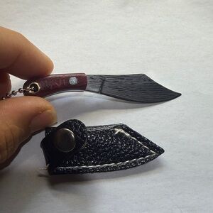 Mini Patterned Blade Keychain Knife with Brown Wood Handle